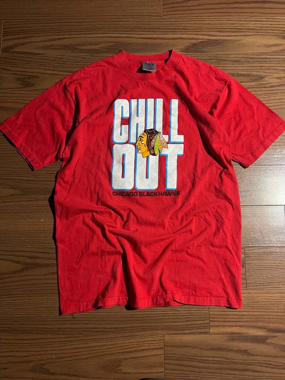 Vintage 1990 Chicago Blackhawks Chill Out Graphic T-Shirt Oneita Power-T